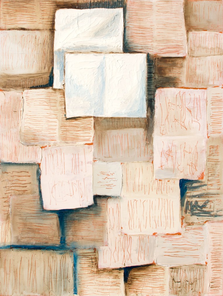 Oil painting in progress of abstracted books lying open