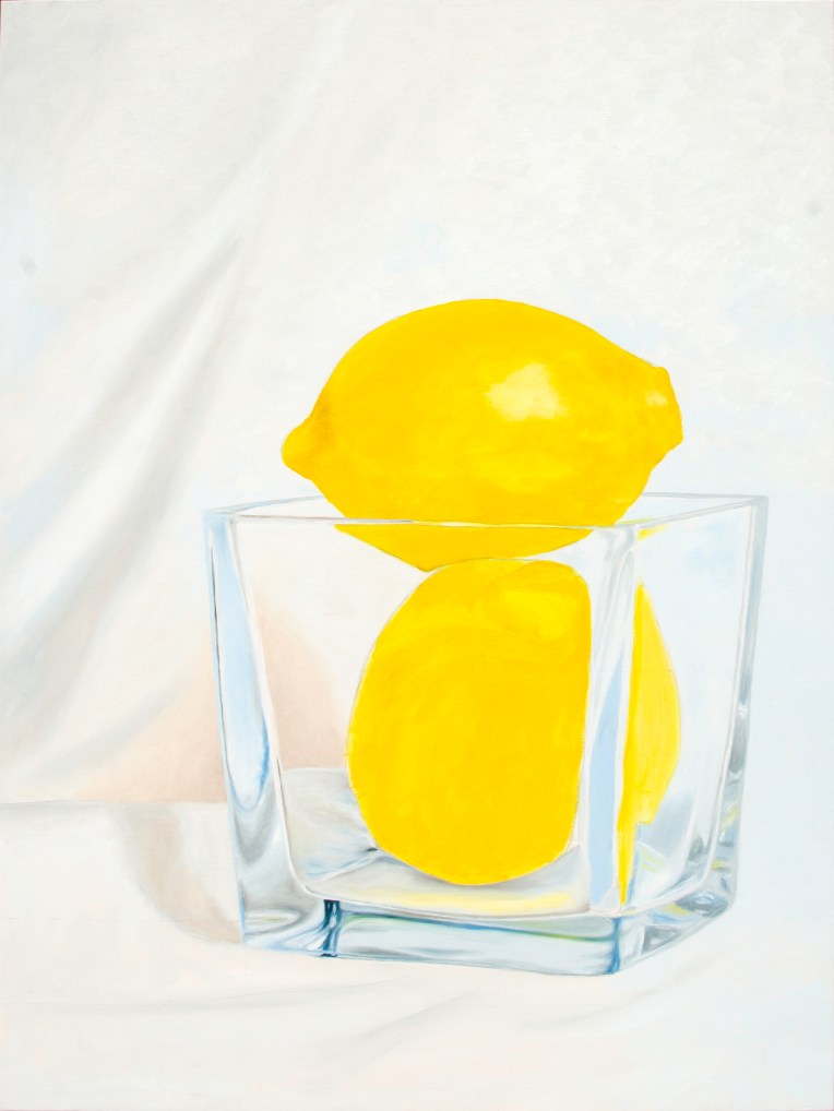 Oil painting in progress of a two lemons in a vase