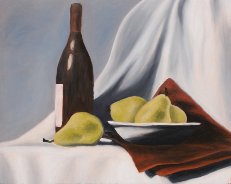 Wine & Pears One, Oct 7, 2017, Oil on Panel, 20" X 16"
