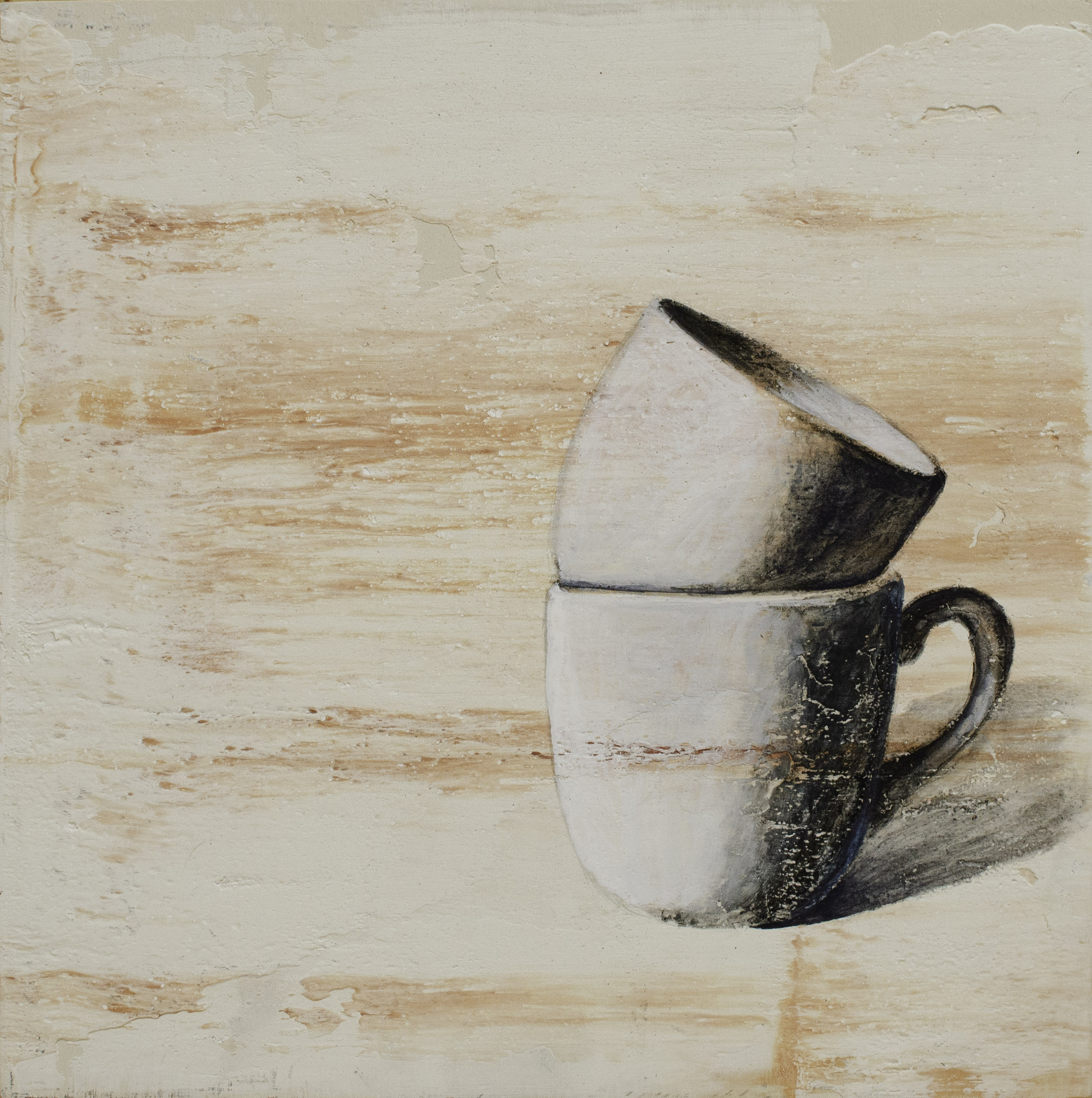 Plaster with Cups, Oct 27, 2018, Mixed Media on Panel, 10" X 10"